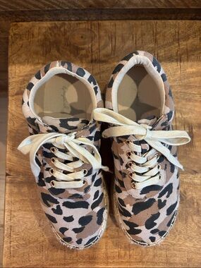 Qupid Leopard Print Canvas Slip-On Sneakers in Beige, Black and Brown